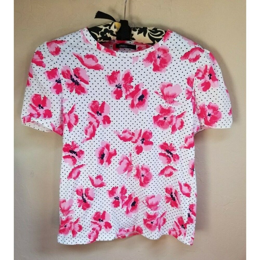 M&S Limited Edition Womens Short Sleeve Floral Top White Polka Dots Cotton 10 UK